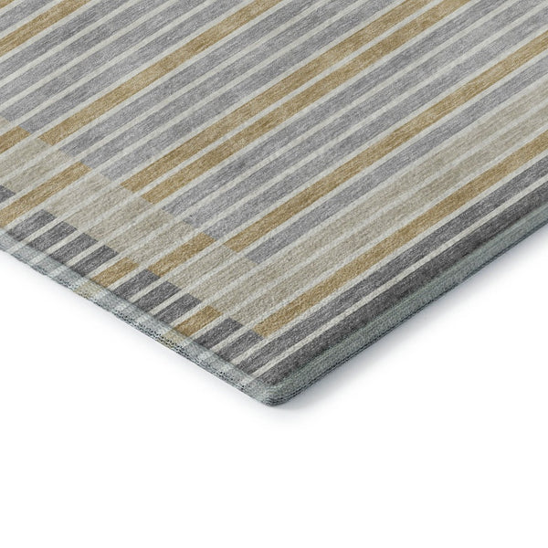 HomeRoots 9' X 12' Striped Gray Gold Silver Area Rug - Washable, UV Protected, Stain-Resistant, Durable Design 693467