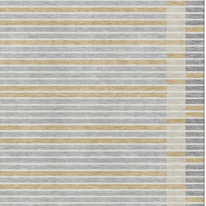 HomeRoots 9' X 12' Striped Gray Gold Silver Area Rug - Washable, UV Protected, Stain-Resistant, Durable Design 693467