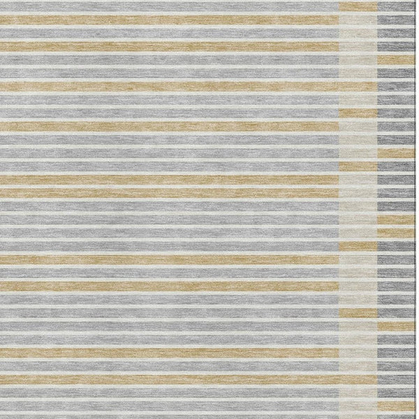HomeRoots 9' X 12' Striped Gray Gold Silver Area Rug - Washable, UV Protected, Stain-Resistant, Durable Design 693467