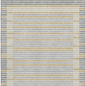 HomeRoots 9' X 12' Striped Gray Gold Silver Area Rug - Washable, UV Protected, Stain-Resistant, Durable Design 693467