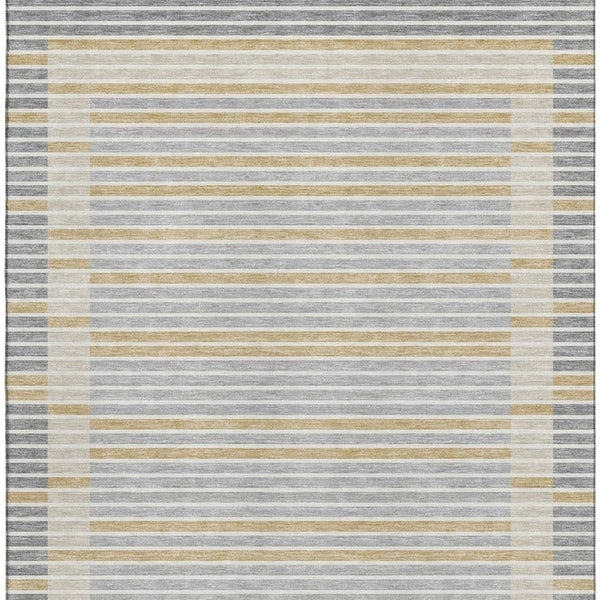 HomeRoots 9' X 12' Striped Gray Gold Silver Area Rug - Washable, UV Protected, Stain-Resistant, Durable Design 693467