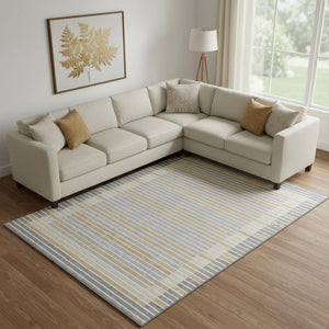 HomeRoots 10' Gray, Gold & Silver Striped Washable Area Rug with UV Protection - Durable, Non-Slip Design! 693468