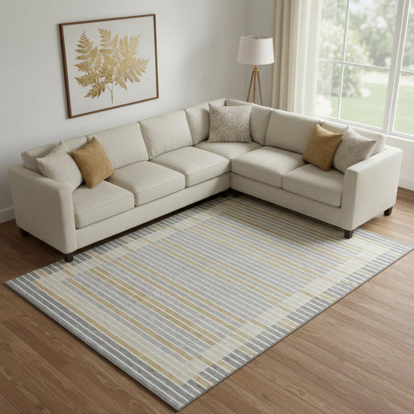 HomeRoots 10' Gray, Gold & Silver Striped Washable Area Rug with UV Protection - Durable, Non-Slip Design! 693468