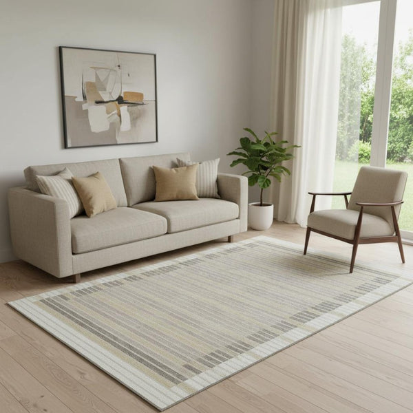 HomeRoots 5' X 8' Washable Ivory Tan Taupe Striped Area Rug - Durable UV-Protected, Stain-Resistant Design 693470