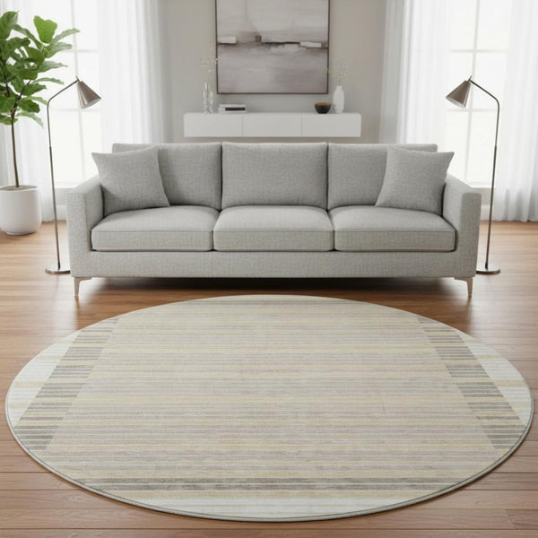 HomeRoots 8' X 8' Striped Washable Round Rug in Ivory, Tan & Taupe - UV Protected, Durable & Easy Care! 693471