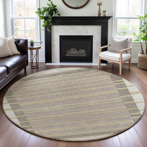 HomeRoots 8' X 8' Striped Washable Round Rug in Ivory, Tan & Taupe - UV Protected, Durable & Easy Care! 693471