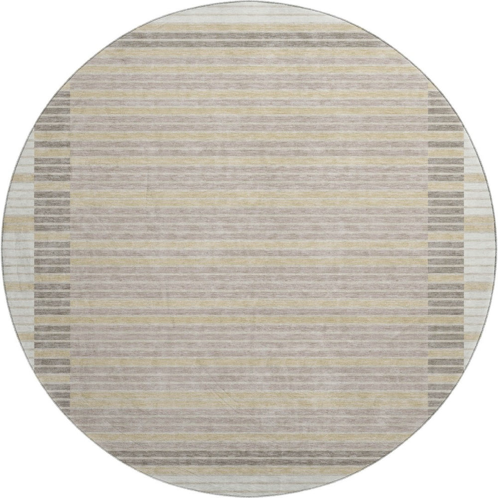 HomeRoots 8' X 8' Striped Washable Round Rug in Ivory, Tan & Taupe - UV Protected, Durable & Easy Care! 693471