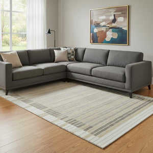HomeRoots 8' Ivory Tan Taupe Striped Washable Area Rug – Durable, Stain-Resistant with UV Protection & Non-Slip Backing 693472