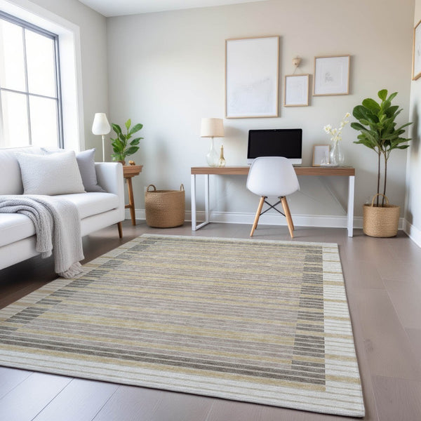 HomeRoots 8' Ivory Tan Taupe Striped Washable Area Rug – Durable, Stain-Resistant with UV Protection & Non-Slip Backing 693472