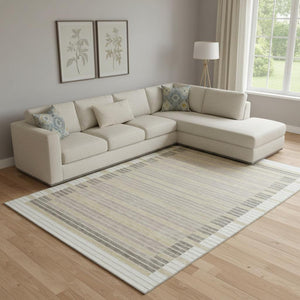 HomeRoots 9' X 12' Ivory Tan Striped Area Rug - Washable, Stain Resistant, UV Protected for Family Homes 693473