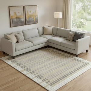 HomeRoots 10' X 14' Striped Washable Area Rug in Ivory Tan & Taupe - UV Protected for Style & Durability 693474