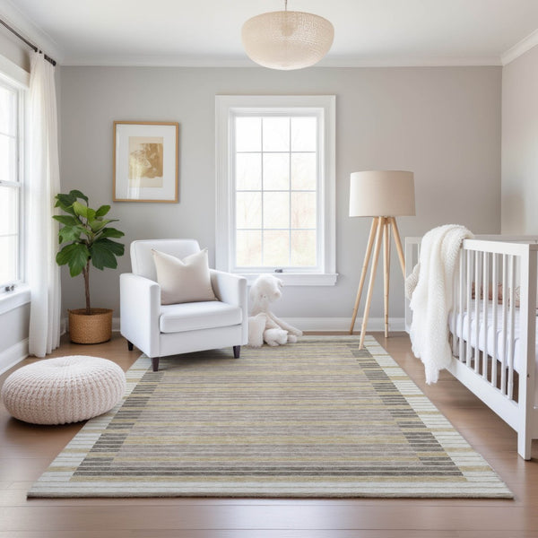 HomeRoots 10' X 14' Striped Washable Area Rug in Ivory Tan & Taupe - UV Protected for Style & Durability 693474