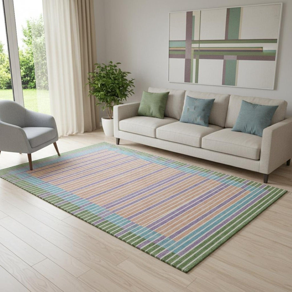HomeRoots 5' X 8' Striped Washable Area Rug in Vibrant Lime Green, Peach, Teal & Purple - UV Protected & Durable! 693476