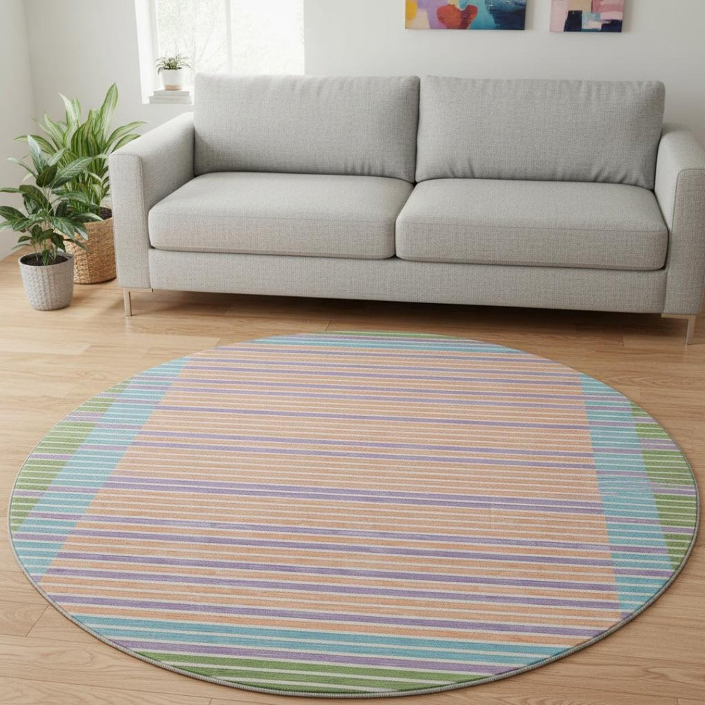 HomeRoots 8' Vibrant Striped Washable Round Rug in Lime Green, Peach, Teal & Purple - UV Protected & Non-Slip 693477