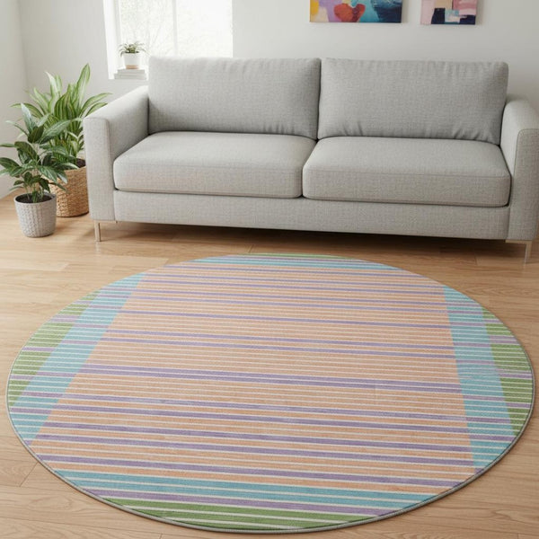 HomeRoots 8' Vibrant Striped Washable Round Rug in Lime Green, Peach, Teal & Purple - UV Protected & Non-Slip 693477