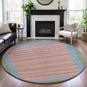 HomeRoots 8' Vibrant Striped Washable Round Rug in Lime Green, Peach, Teal & Purple - UV Protected & Non-Slip 693477