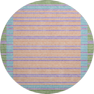 HomeRoots 8' Vibrant Striped Washable Round Rug in Lime Green, Peach, Teal & Purple - UV Protected & Non-Slip 693477