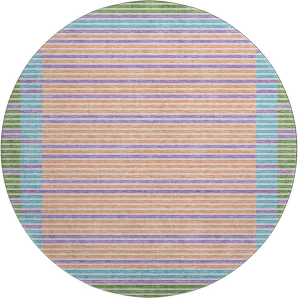 HomeRoots 8' Vibrant Striped Washable Round Rug in Lime Green, Peach, Teal & Purple - UV Protected & Non-Slip 693477