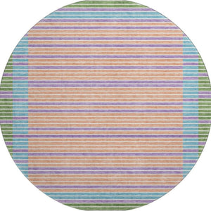 HomeRoots 8' Vibrant Striped Washable Round Rug in Lime Green, Peach, Teal & Purple - UV Protected & Non-Slip 693477