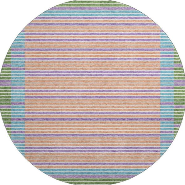 HomeRoots 8' Vibrant Striped Washable Round Rug in Lime Green, Peach, Teal & Purple - UV Protected & Non-Slip 693477