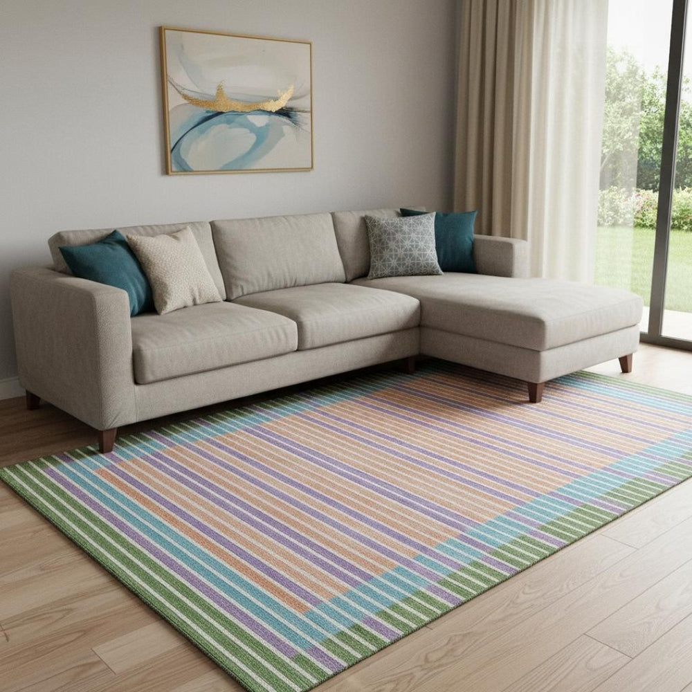 HomeRoots 8' Vibrant Striped Washable Area Rug in Lime Green, Peach, Teal & Purple - UV Protected & Non-Slip 693478