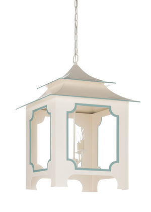 Chelsea House Tole Pagoda Lantern Large In Cream Lacquer With Blue Trim — Handpainted Iron Pendant, 33"H Statement 69348