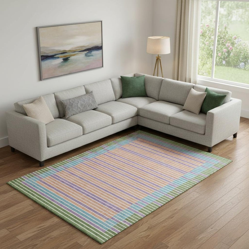 HomeRoots 10' X 14' Washable Striped Area Rug in Vibrant Lime Green, Peach, Teal & Purple with UV Protection 693480