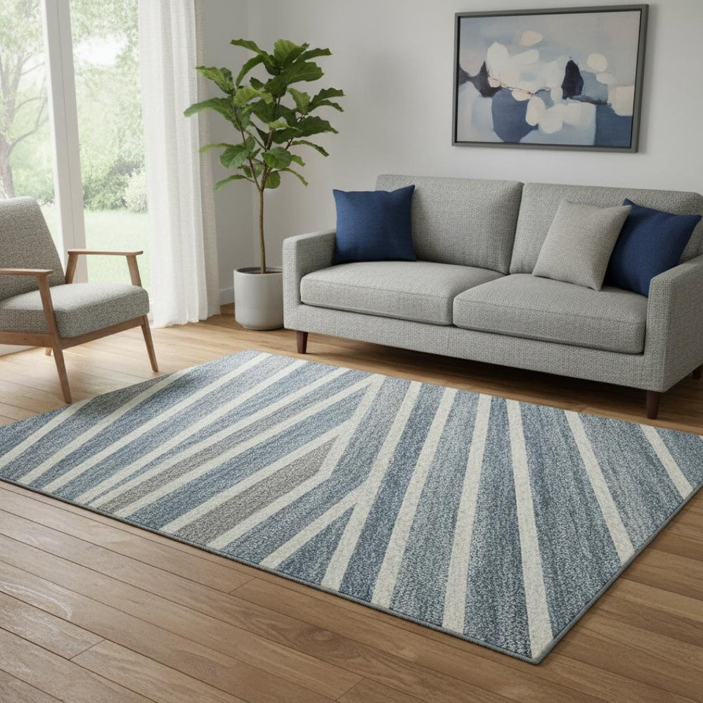 HomeRoots 5' Navy Blue, Ivory & Gray Striped Washable Area Rug - UV Protected, Stain-Resistant & Durable Design 693482