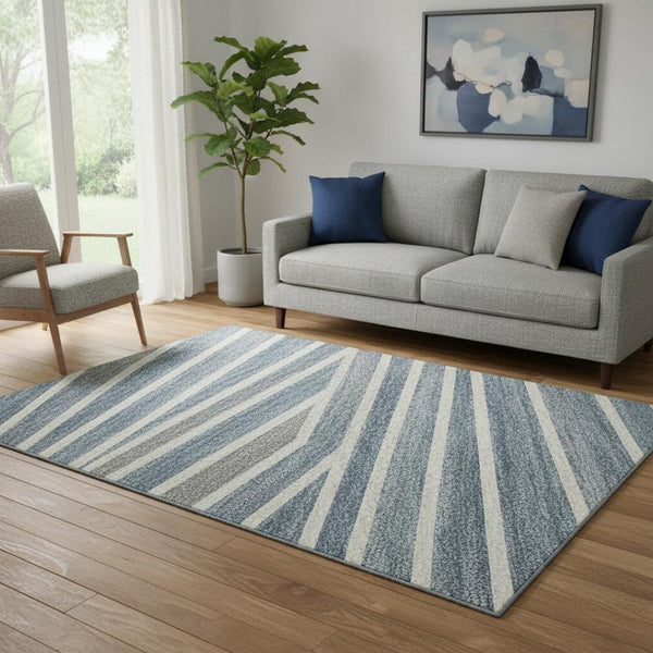 HomeRoots 5' Navy Blue, Ivory & Gray Striped Washable Area Rug - UV Protected, Stain-Resistant & Durable Design 693482