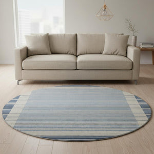 HomeRoots 8' Round Navy Blue, Ivory & Gray Striped Washable Rug – UV Protected, Stain Resistant & Durable Design 693483