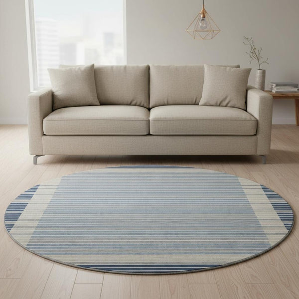 HomeRoots 8' Round Navy Blue, Ivory & Gray Striped Washable Rug – UV Protected, Stain Resistant & Durable Design 693483