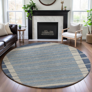 HomeRoots 8' Round Navy Blue, Ivory & Gray Striped Washable Rug – UV Protected, Stain Resistant & Durable Design 693483