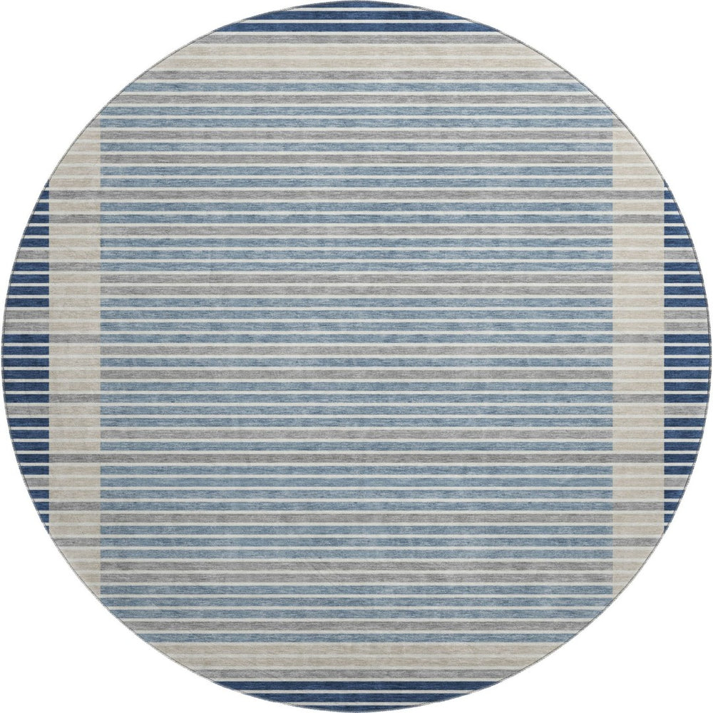 HomeRoots 8' Round Navy Blue, Ivory & Gray Striped Washable Rug – UV Protected, Stain Resistant & Durable Design 693483