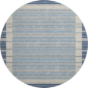 HomeRoots 8' Round Navy Blue, Ivory & Gray Striped Washable Rug – UV Protected, Stain Resistant & Durable Design 693483
