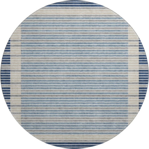 HomeRoots 8' Round Navy Blue, Ivory & Gray Striped Washable Rug – UV Protected, Stain Resistant & Durable Design 693483