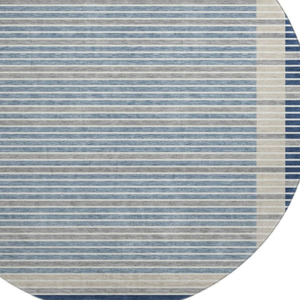 HomeRoots 8' Round Navy Blue, Ivory & Gray Striped Washable Rug – UV Protected, Stain Resistant & Durable Design 693483