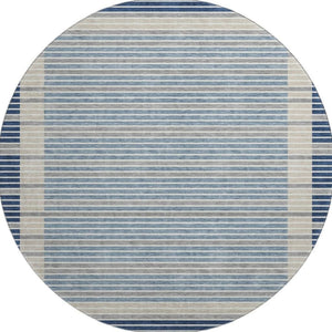 HomeRoots 8' Round Navy Blue, Ivory & Gray Striped Washable Rug – UV Protected, Stain Resistant & Durable Design 693483
