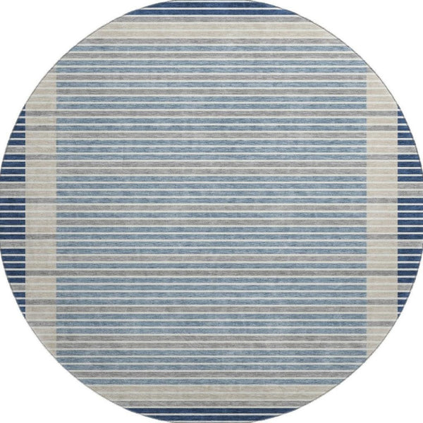 HomeRoots 8' Round Navy Blue, Ivory & Gray Striped Washable Rug – UV Protected, Stain Resistant & Durable Design 693483