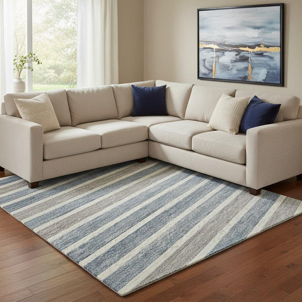 HomeRoots 8' Navy Blue Ivory and Gray Striped Washable Area Rug with UV Protection - Durable, Stylish & Non-Slip 693484