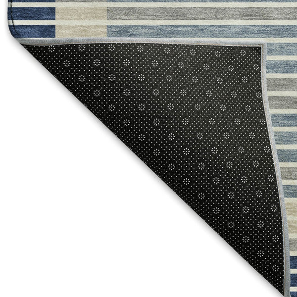 HomeRoots 8' Navy Blue Ivory and Gray Striped Washable Area Rug with UV Protection - Durable, Stylish & Non-Slip 693484