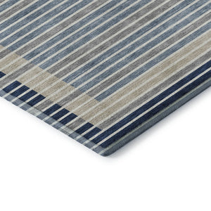 HomeRoots 8' Navy Blue Ivory and Gray Striped Washable Area Rug with UV Protection - Durable, Stylish & Non-Slip 693484
