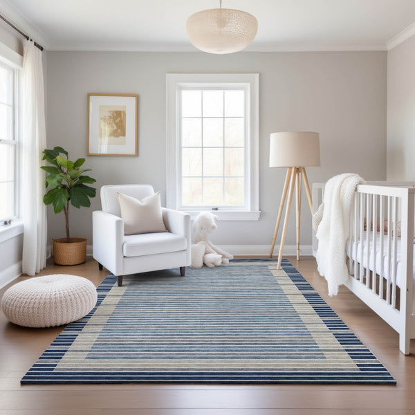 HomeRoots 8' Navy Blue Ivory and Gray Striped Washable Area Rug with UV Protection - Durable, Stylish & Non-Slip 693484