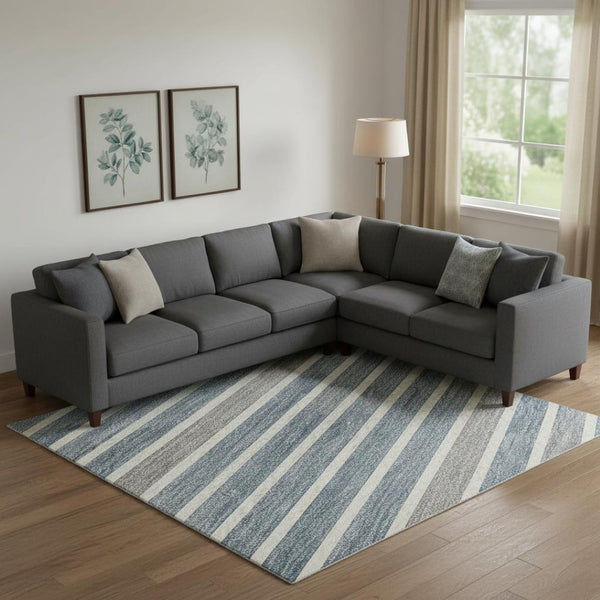 HomeRoots 9' X 12' Navy Blue, Ivory & Gray Striped Washable Area Rug – Durable, UV-Protected & Easy Care! 693485
