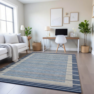 HomeRoots 9' X 12' Navy Blue, Ivory & Gray Striped Washable Area Rug – Durable, UV-Protected & Easy Care! 693485