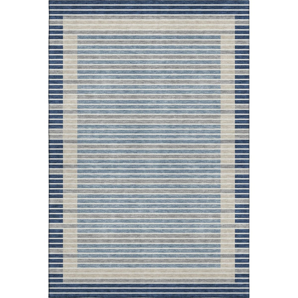 HomeRoots 9' X 12' Navy Blue, Ivory & Gray Striped Washable Area Rug – Durable, UV-Protected & Easy Care! 693485