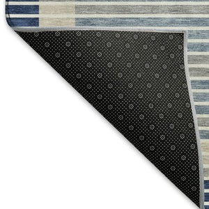 HomeRoots 9' X 12' Navy Blue, Ivory & Gray Striped Washable Area Rug – Durable, UV-Protected & Easy Care! 693485