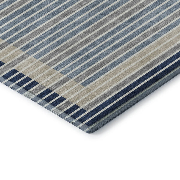 HomeRoots 9' X 12' Navy Blue, Ivory & Gray Striped Washable Area Rug – Durable, UV-Protected & Easy Care! 693485