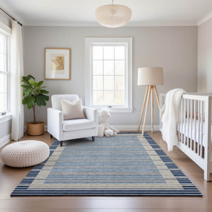 HomeRoots 9' X 12' Navy Blue, Ivory & Gray Striped Washable Area Rug – Durable, UV-Protected & Easy Care! 693485