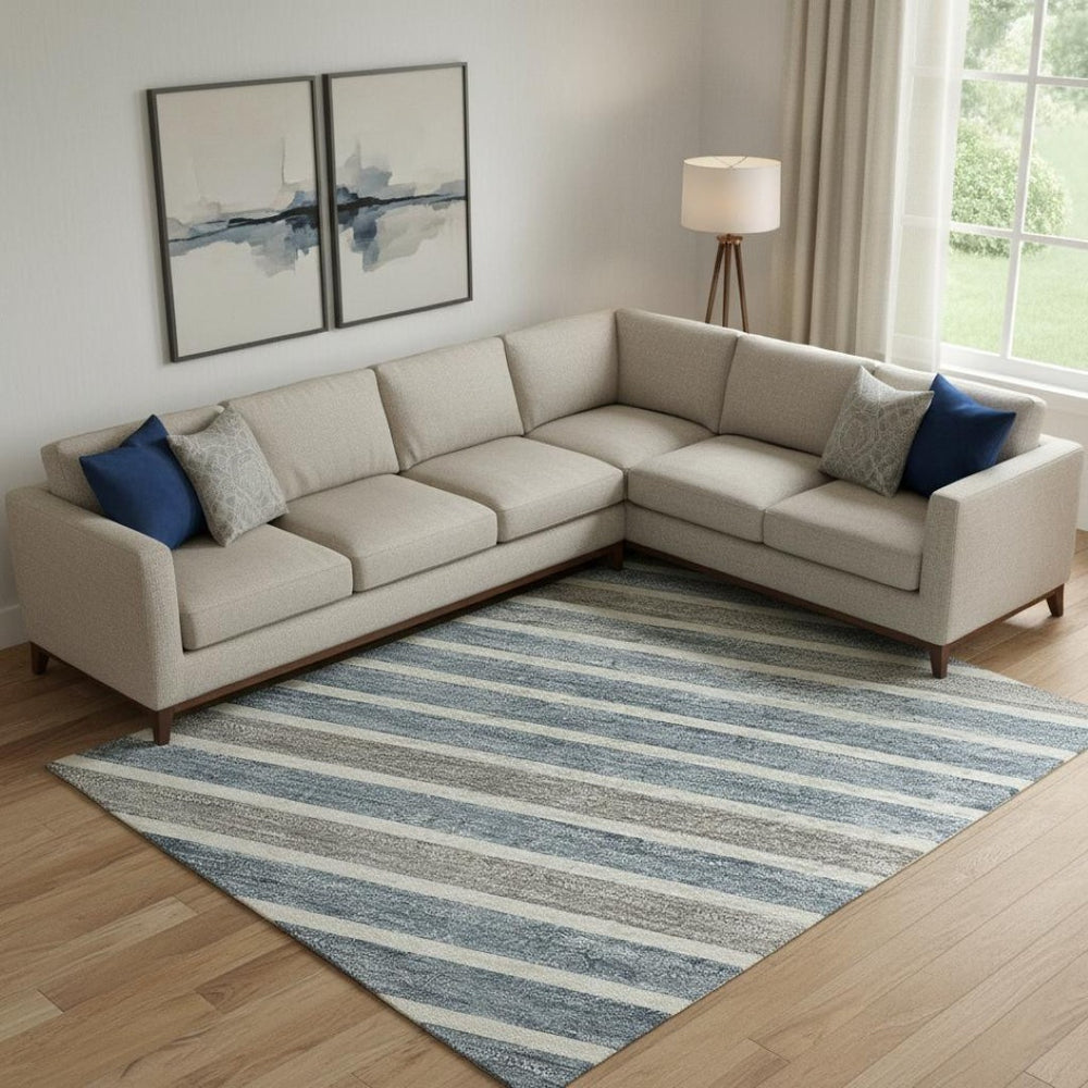 HomeRoots 10' Navy Blue Ivory Gray Striped Washable Area Rug with UV Protection – Perfect for Busy Homes! 693486