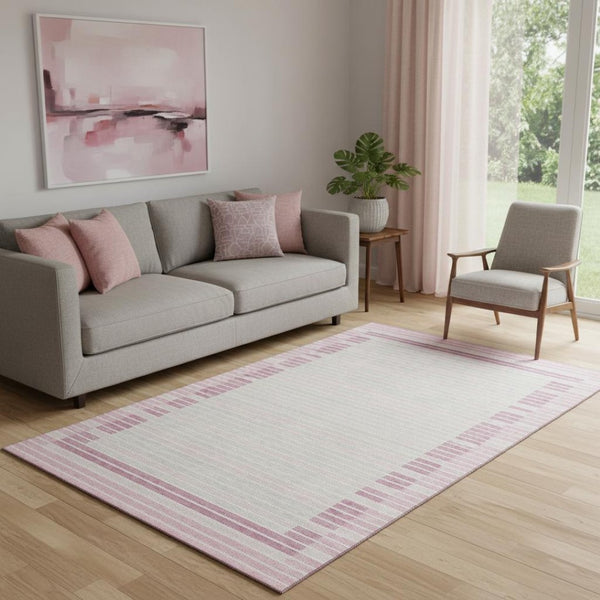 HomeRoots 5' X 8' Washable Striped Area Rug in Pink, Ivory & Mauve - Durable, UV-Protected, Stylish Comfort 693488